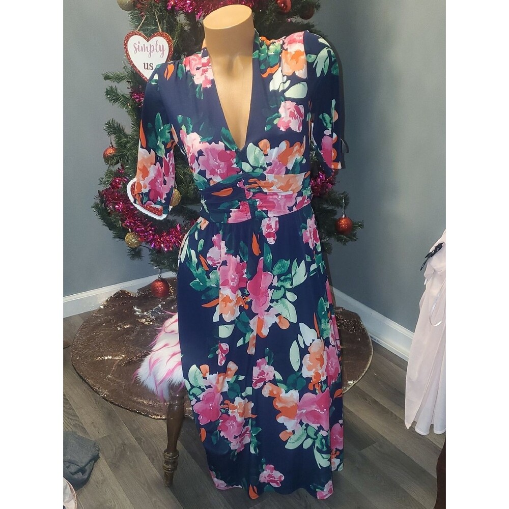 Vince Camuto Navy Floral Wrap Midi Dress - Picture 1 of 7